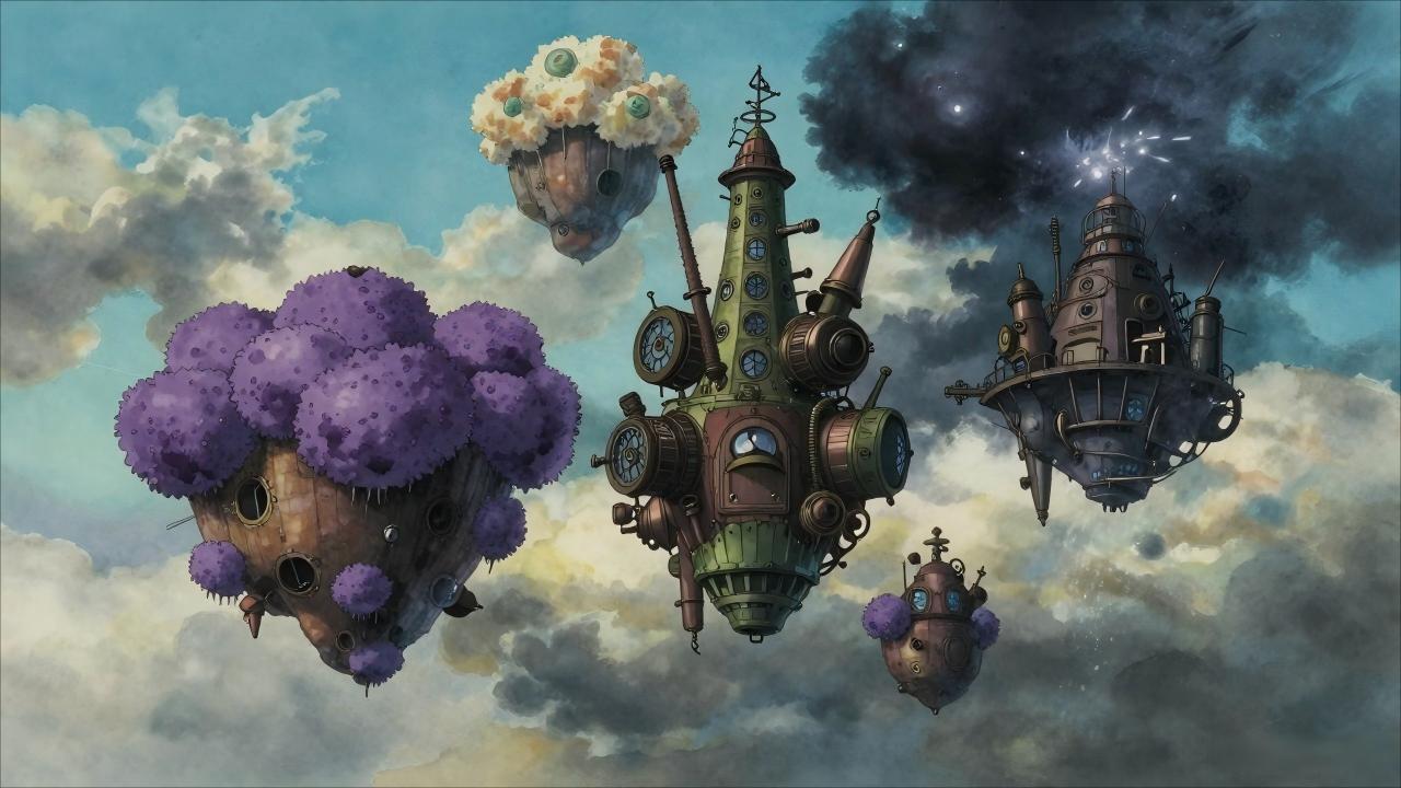 Studio Ghibli style, anime screencap, floating islands in different weather conditions, one covered in purple spores, one in eternal night, one in storm, steampunk aesthetic, watercolor sky, Hayao Miyazaki, detailed background, cel shading
