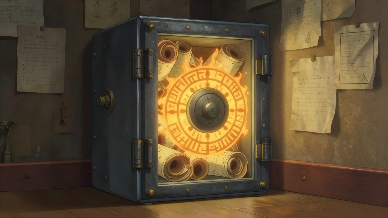 Studio Ghibli style, anime screencap, ornate fireproof safe box glowing with protective runes, scrolls stored inside, backup plans written on wall, warm interior lighting, Hayao Miyazaki aesthetic, detailed steampunk design