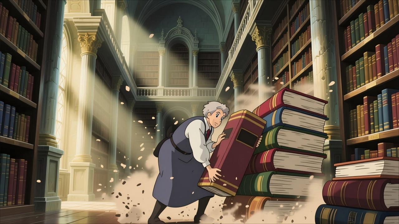 Studio Ghibli style, anime screencap, massive ancient library with towering bookshelves, librarian struggling with giant heavy books, dust particles in light beams, overwhelming scale, Hayao Miyazaki, detailed architecture