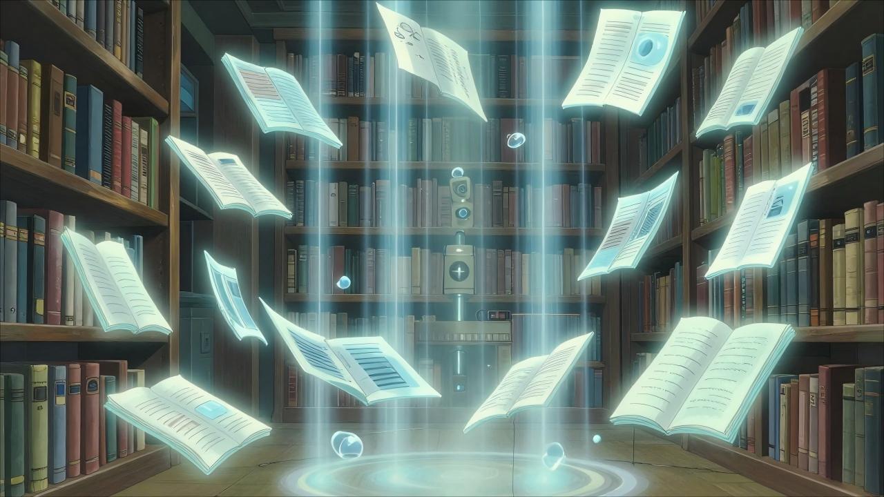 Studio Ghibli style, anime screencap, glowing crystal pages floating in organized shelves, light beams organizing them, magical automation, clean ethereal library, Hayao Miyazaki, fantasy technology, serene atmosphere