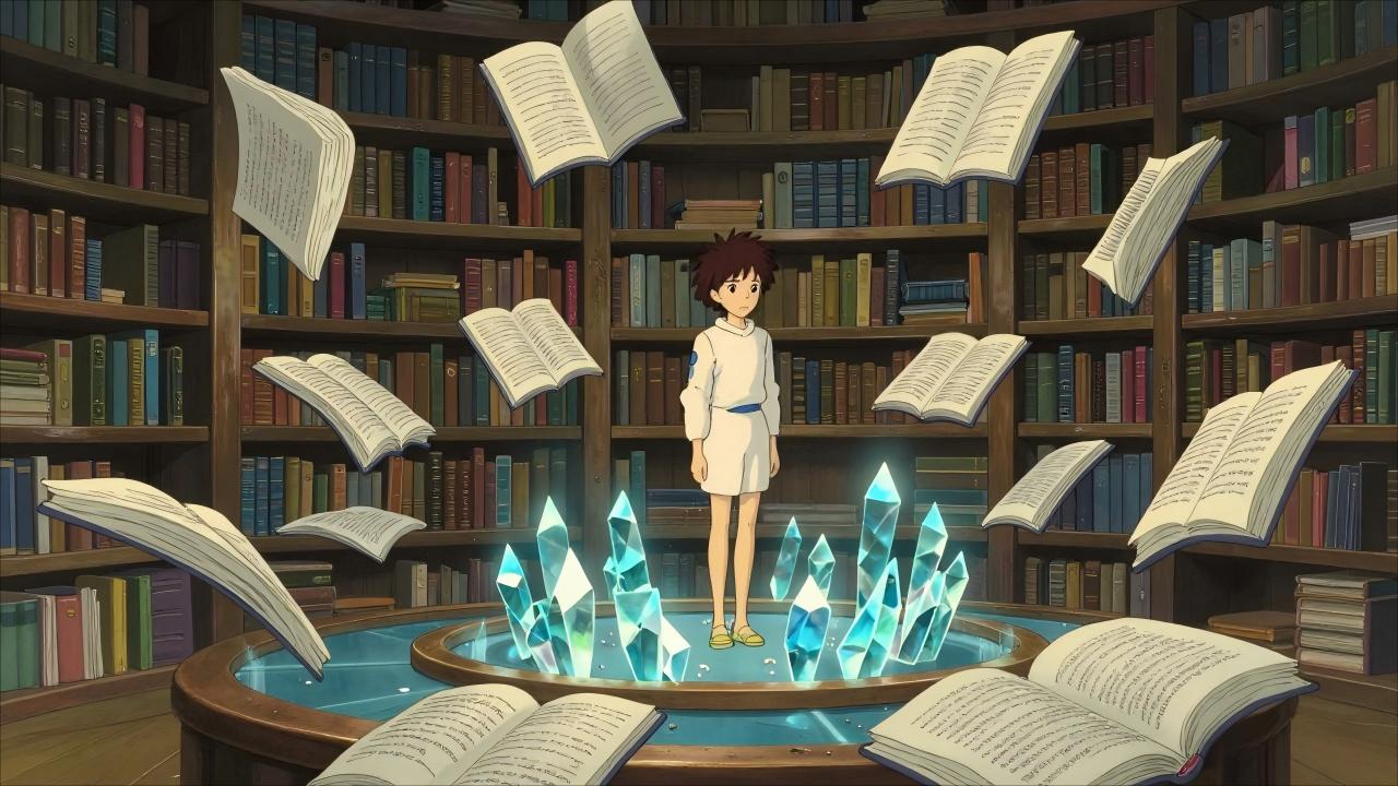Studio Ghibli style, anime screencap, magical rotating reading platform with floating crystal pages, only few pages visible at once, others gracefully returning to shelves, serene reader, Hayao Miyazaki, fantasy mechanics