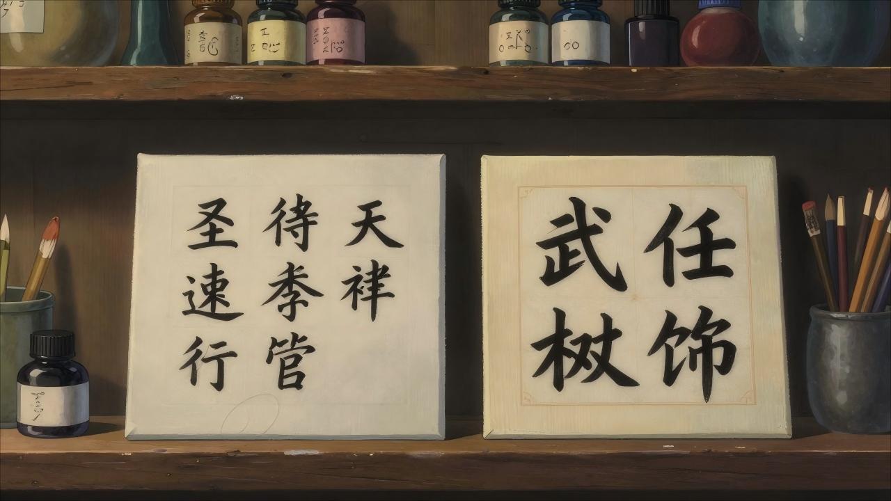 Studio Ghibli style, anime screencap, small font spirit comparing two canvases with text, ink bottles on shelf, magical calligraphy workshop, warm lighting, Hayao Miyazaki, detailed craft elements