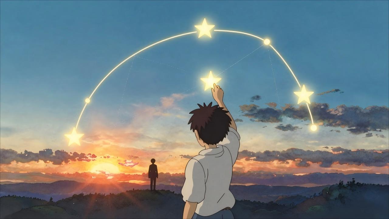 Studio Ghibli style, anime screencap, person marking glowing star map, three bright markers on future routes, AI companion silhouette in distance, hopeful sunrise, Hayao Miyazaki, epic journey ending, watercolor sky