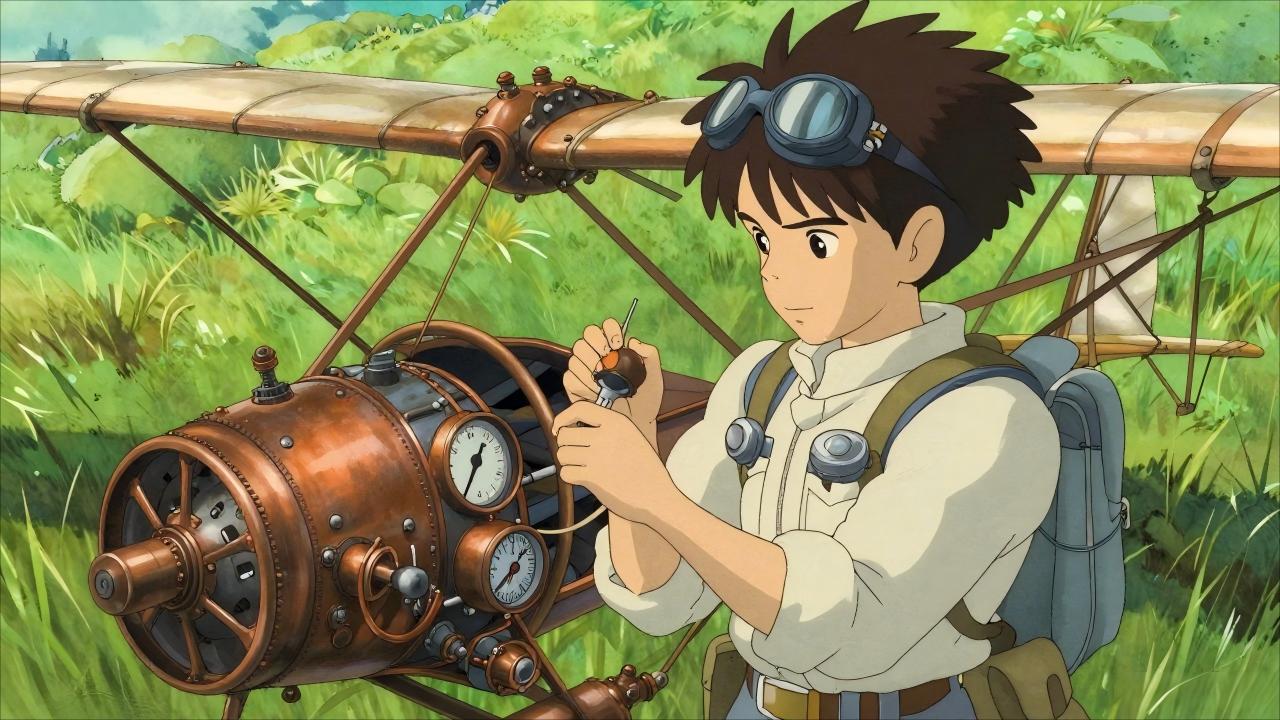 Studio Ghibli style, anime screencap, young pilot checking an old steampunk glider with limited fuel gauge, copper machinery, morning light, Hayao Miyazaki aesthetic, watercolor texture, lush grass field background