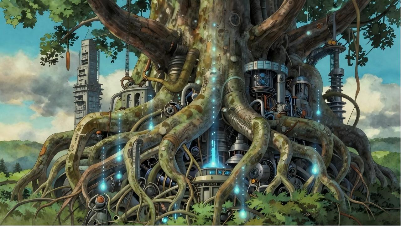 Studio Ghibli style, anime screencap, giant tree roots intertwined with mechanical city infrastructure, glowing data streams flowing through roots, fantasy world, Hayao Miyazaki, detailed organic machinery, watercolor texture