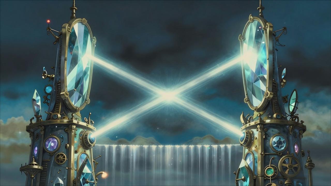 Studio Ghibli style, anime screencap, two crystal towers facing each other with magical mirrors, light beams crossing between them through a force field barrier, fantasy architecture, Hayao Miyazaki, steampunk elements, ethereal glow