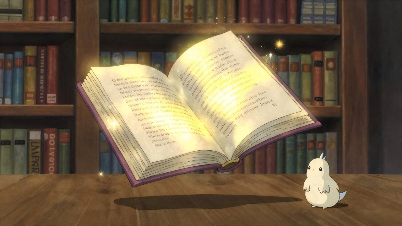 Studio Ghibli style, anime screencap, a glowing magical book floating in mid-air, pages turning automatically with shimmering text, small spirit guardian nearby, library interior with warm light, Hayao Miyazaki, watercolor texture