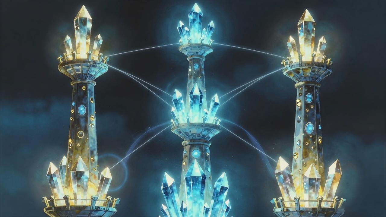 Studio Ghibli style, anime screencap, three layers of glowing crystals forming a network between two towers, blue and golden light, magical energy flowing, fantasy technology, Hayao Miyazaki aesthetic, detailed background