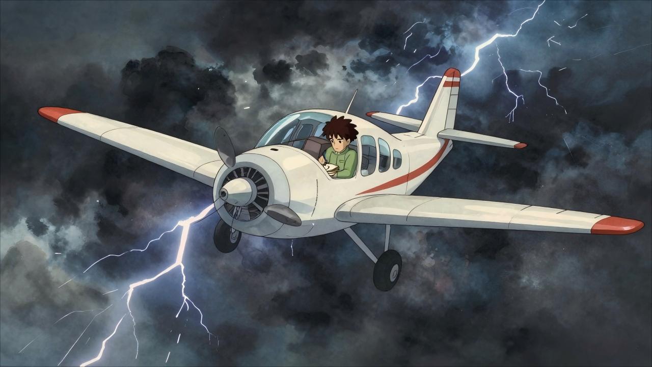 Studio Ghibli style, anime screencap, small aircraft flying through dark storm clouds, lightning in background, pilot writing in a logbook, dramatic weather, Hayao Miyazaki, watercolor storm effects, tense atmosphere