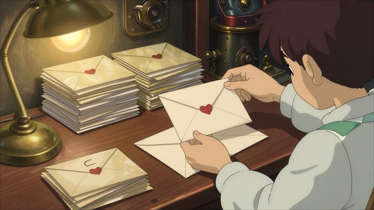 Studio Ghibli style, anime screencap, person sorting letters into larger envelopes at a wooden desk, warm lamplight, cozy post office interior with steampunk elements, organized stacks of mail, Hayao Miyazaki aesthetic