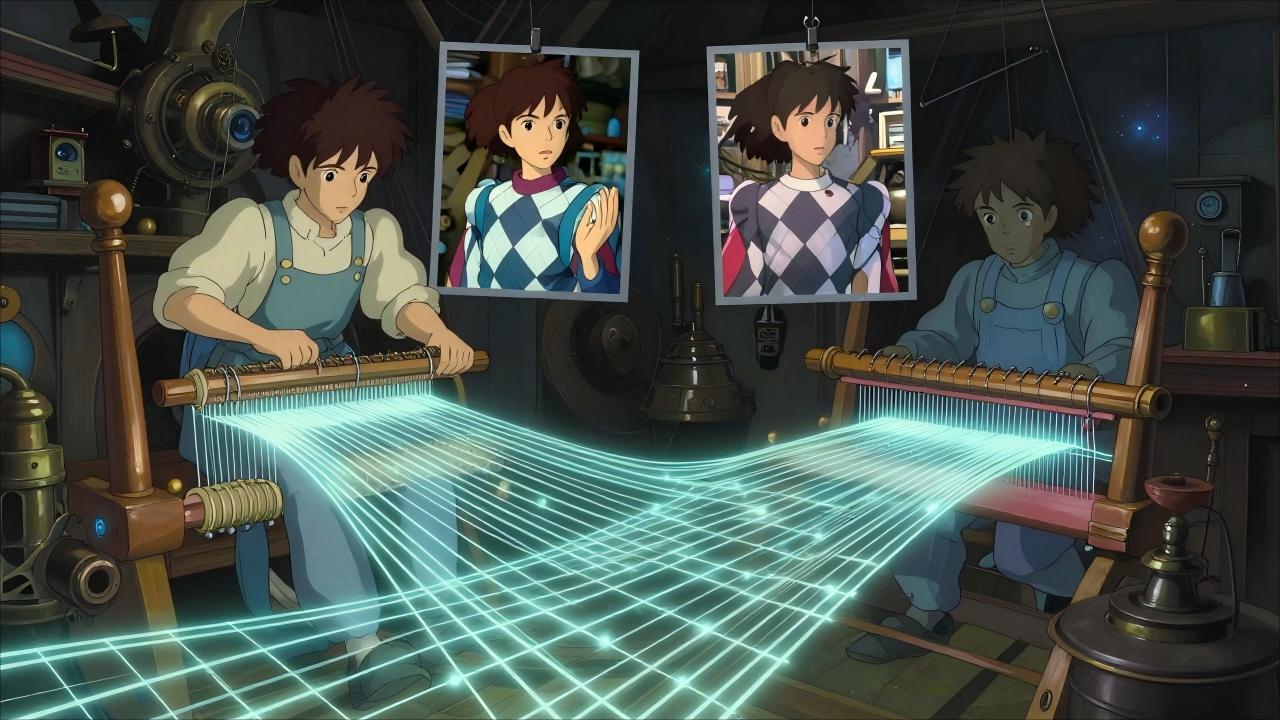 Studio Ghibli style, anime screencap, magical loom weaving light threads, two photographs floating above showing before and after states, mystical workshop, glowing grid pattern, Hayao Miyazaki, fantasy machinery